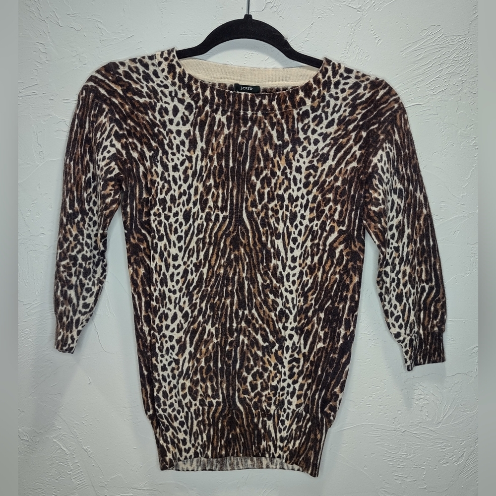 J. Crew Retail Merino Wool Leopard Print Tippi Sweater XS 3/4 Sleeve Pullover